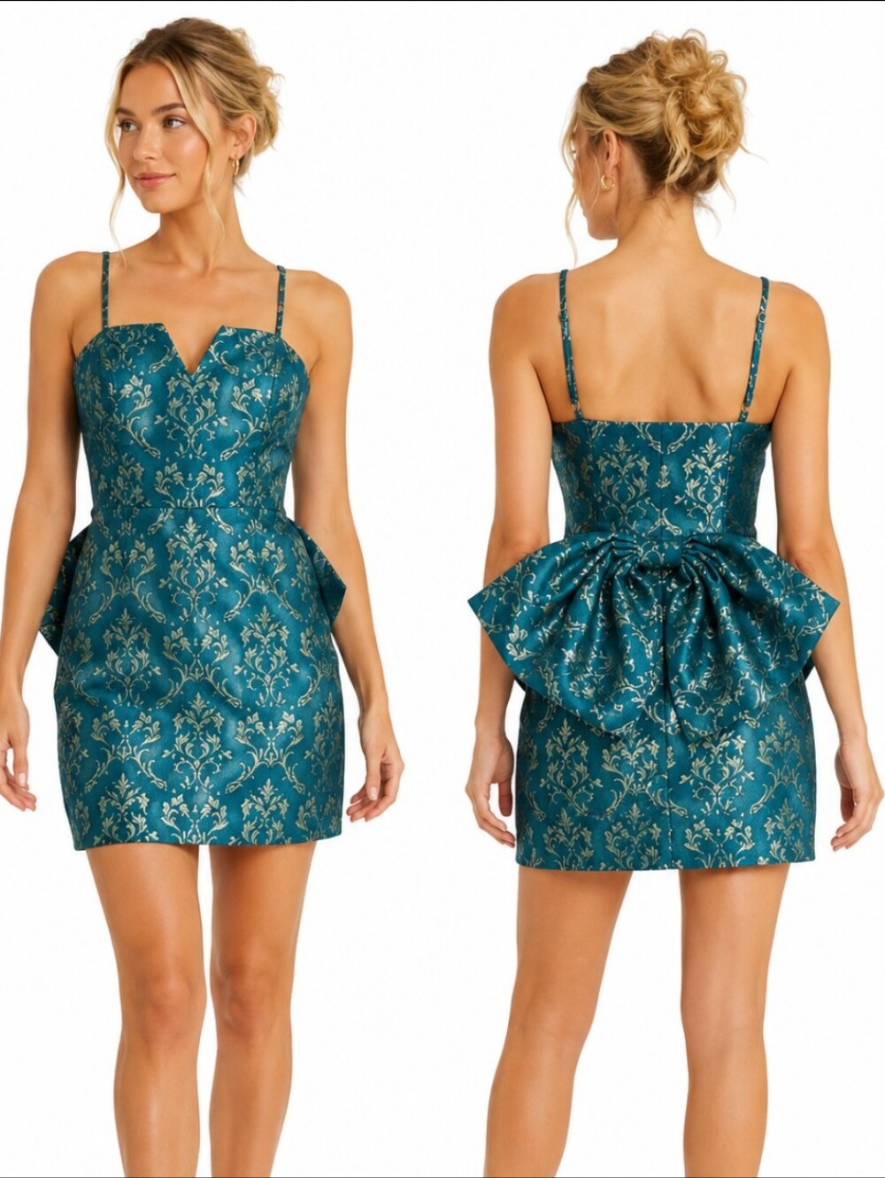 New Party Teal Gold Foil mini Dress oversized Back bow Cocktail Party NWT Sz M